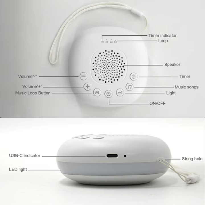 2-in-1 White Noise Sound Machine USB Portable Baby Sleep Machine 20 Soothing Sound LED Night Light Built-in Rechargeable Battery