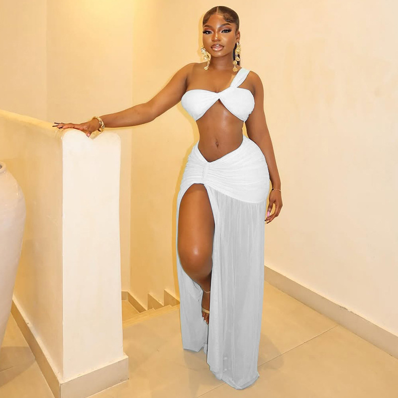 European and American Style Export Pure Color Holiday Navel-Baring Design Skirt Suit with Slits, Hip-Covering and Chest-Wrapped One-Shoulder Two-Piece Women's Clothing Trendy white M
