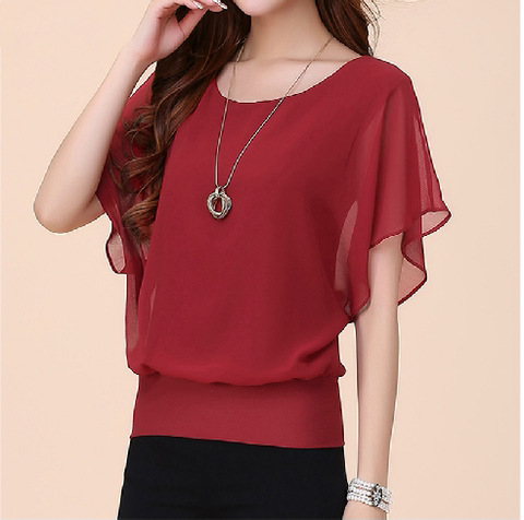 Manufacturer's direct supply of summer new style European and American women's clothing AliExpress plus size women's clothing solid color sweet short sleeved T-shirt chiffon shirt for women red S Purp