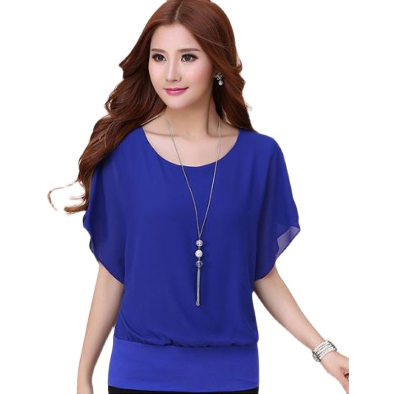 Manufacturer's direct supply of summer new style European and American women's clothing AliExpress plus size women's clothing solid color sweet short sleeved T-shirt chiffon shirt for women red S Purp