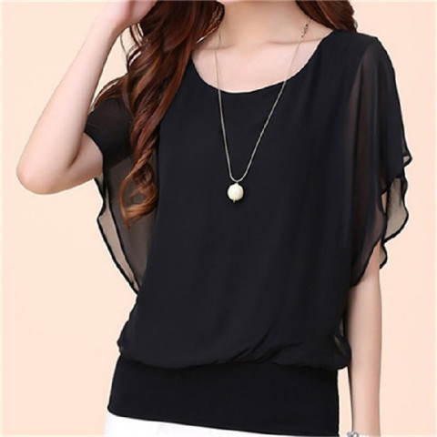 Manufacturer's direct supply of summer new style European and American women's clothing AliExpress plus size women's clothing solid color sweet short sleeved T-shirt chiffon shirt for women red S Purp