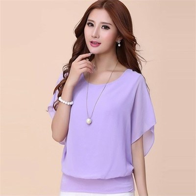 Manufacturer's direct supply of summer new style European and American women's clothing AliExpress plus size women's clothing solid color sweet short sleeved T-shirt chiffon shirt for women red S Purp