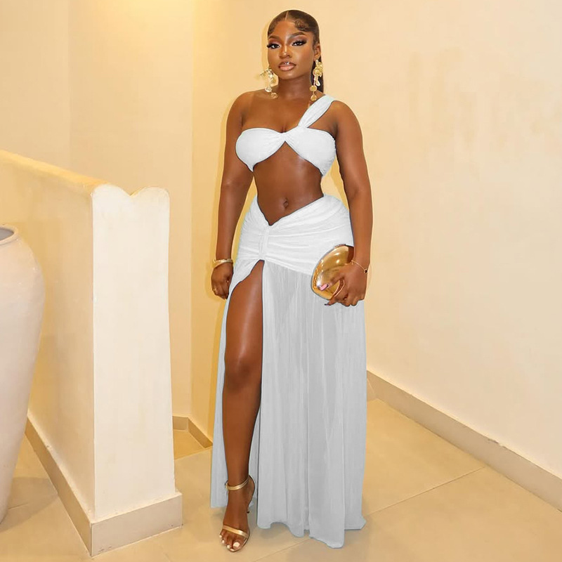 European and American Style Export Pure Color Holiday Navel-Baring Design Skirt Suit with Slits, Hip-Covering and Chest-Wrapped One-Shoulder Two-Piece Women's Clothing Trendy white M