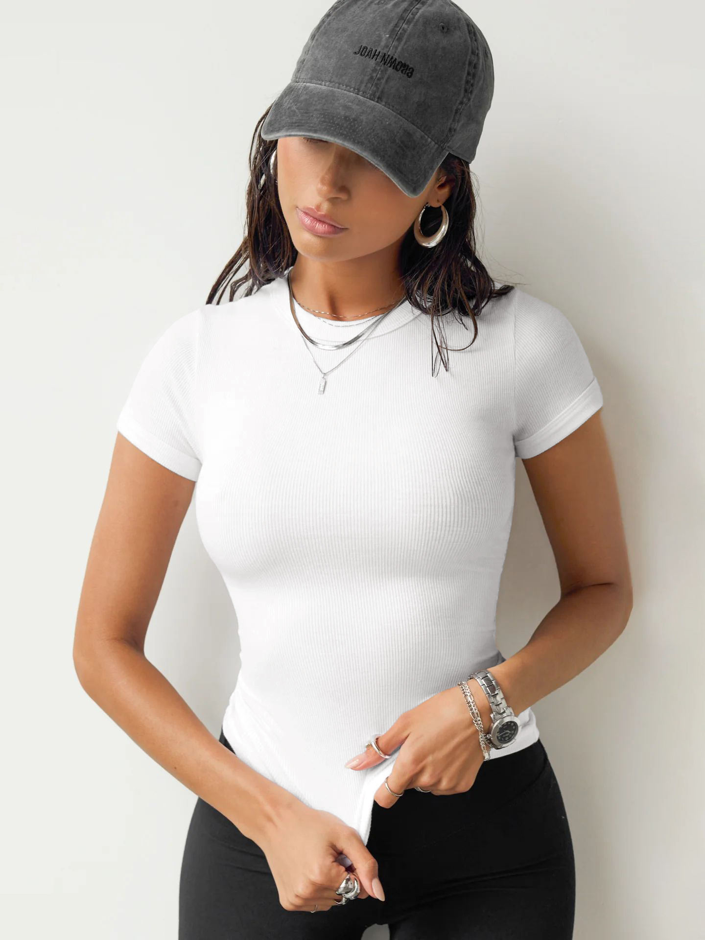 Amazon hot selling clothes Spring and Autumn women's clothing European and American slim fit spicy girl top Solid color sports short sleeved T-shirt -Coffee S
