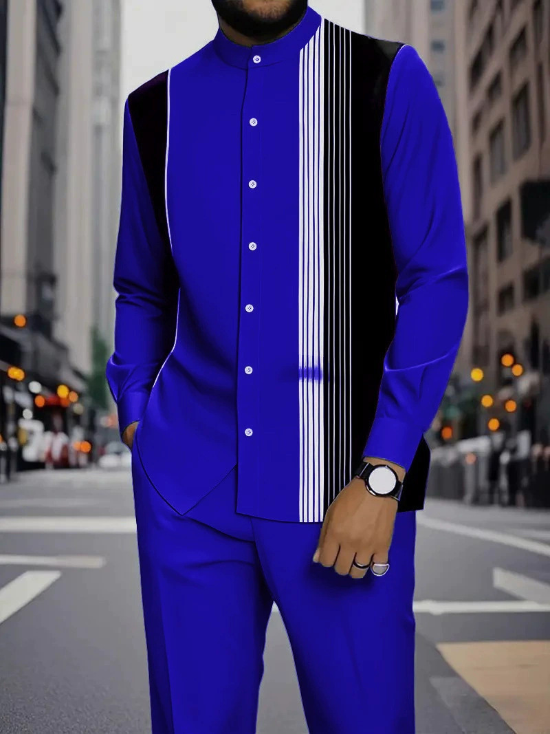Spring and summer new men's two-piece fashion printed striped collar button-down shirt jacket casual pants suit is suitable for daily leisure commuting business wear.