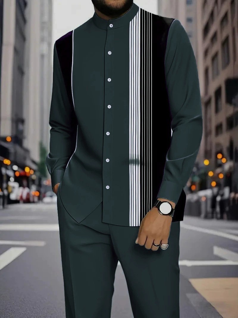 Spring and summer new men's two-piece fashion printed striped collar button-down shirt jacket casual pants suit is suitable for daily leisure commuting business wear.
