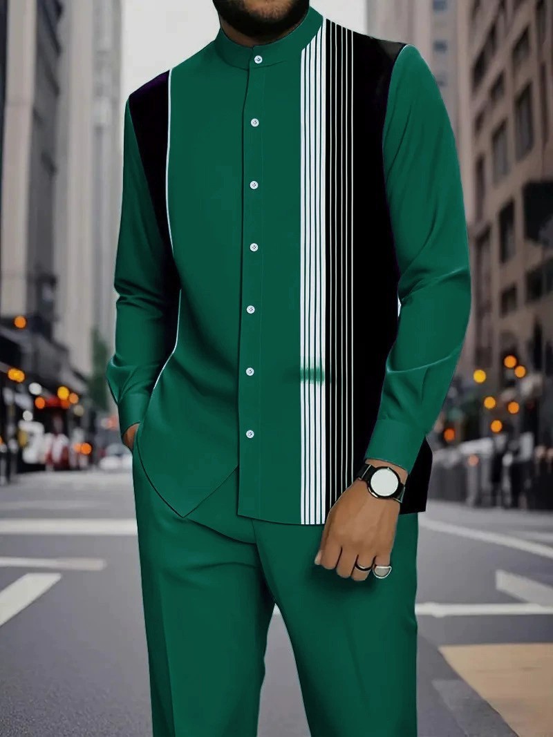 Spring and summer new men's two-piece fashion printed striped collar button-down shirt jacket casual pants suit is suitable for daily leisure commuting business wear.