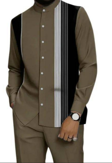 Spring and summer new men's two-piece fashion printed striped collar button-down shirt jacket casual pants suit is suitable for daily leisure commuting business wear.
