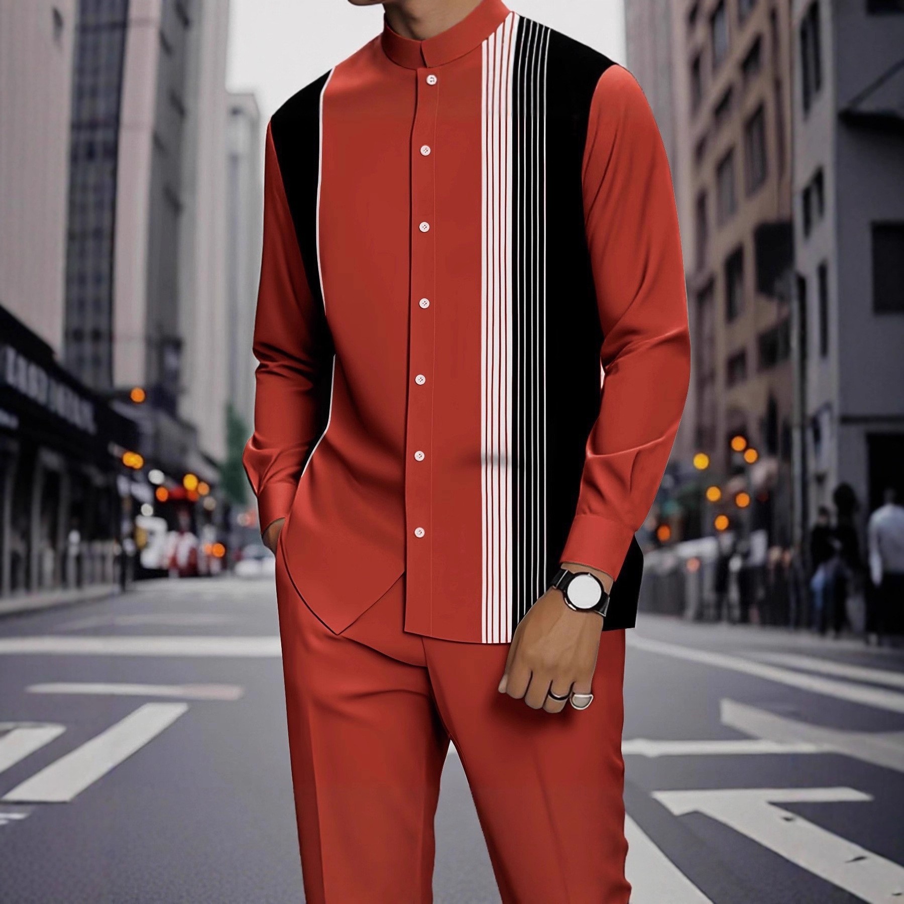 Spring and summer new men's two-piece fashion printed striped collar button-down shirt jacket casual pants suit is suitable for daily leisure commuting business wear.