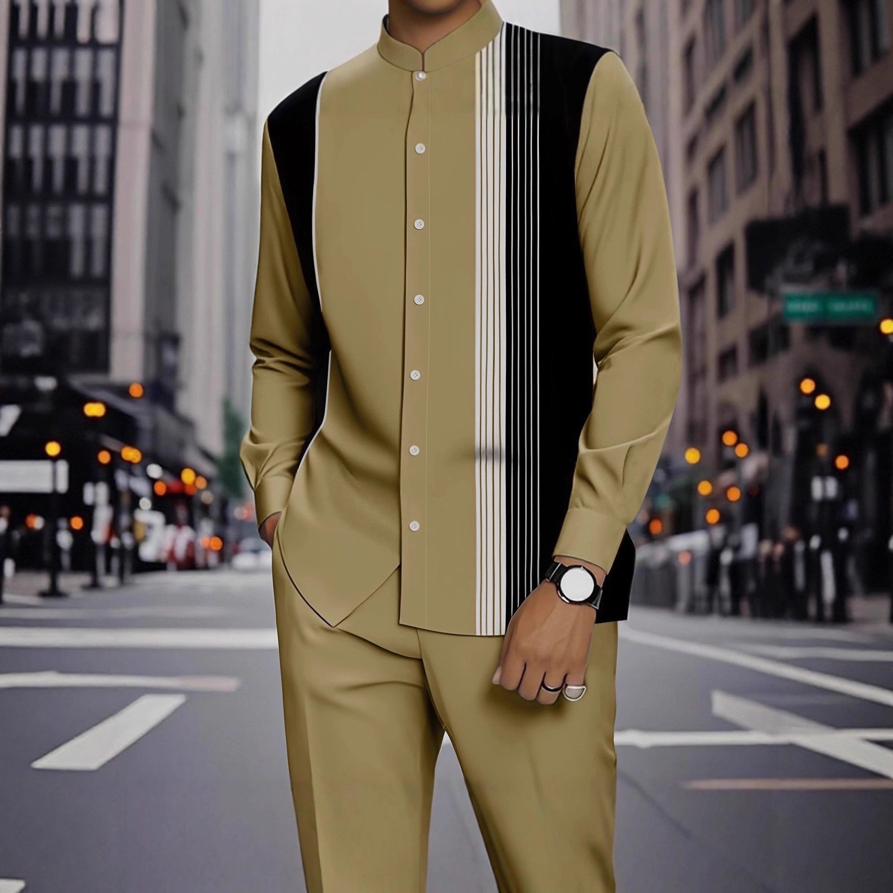 Spring and summer new men's two-piece fashion printed striped collar button-down shirt jacket casual pants suit is suitable for daily leisure commuting business wear.