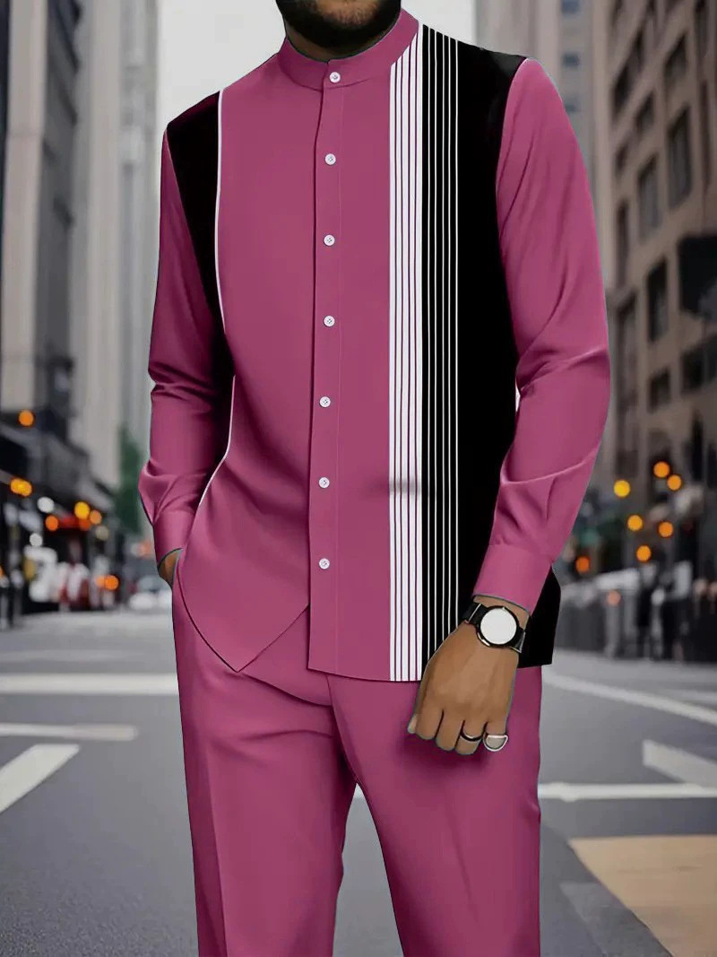 Spring and summer new men's two-piece fashion printed striped collar button-down shirt jacket casual pants suit is suitable for daily leisure commuting business wear.