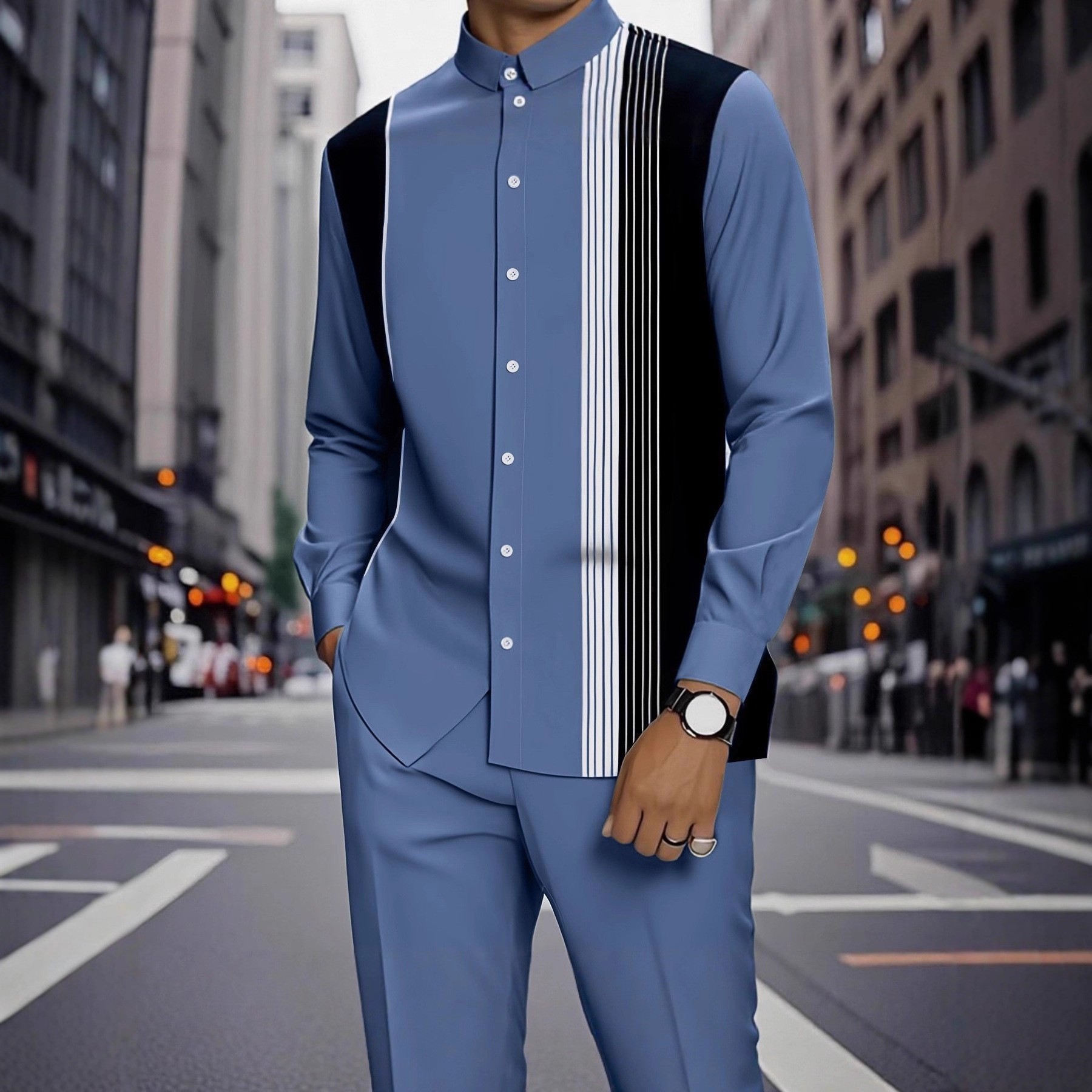 Spring and summer new men's two-piece fashion printed striped collar button-down shirt jacket casual pants suit is suitable for daily leisure commuting business wear.