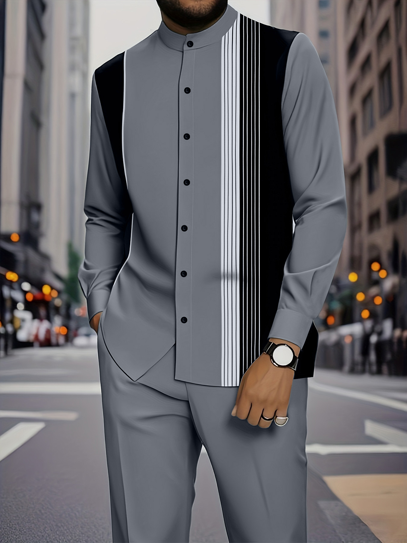 Spring and summer new men's two-piece fashion printed striped collar button-down shirt jacket casual pants suit is suitable for daily leisure commuting business wear.