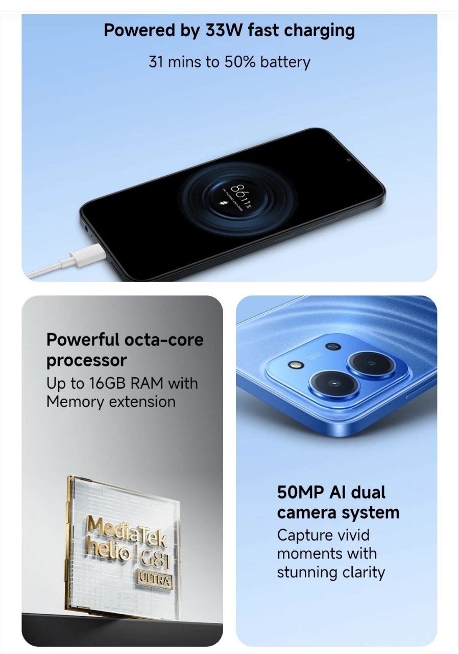 Redmi 15C 4G - 6000mAh battery - With Wet Touch Technology - Free cover and 33W charger inside