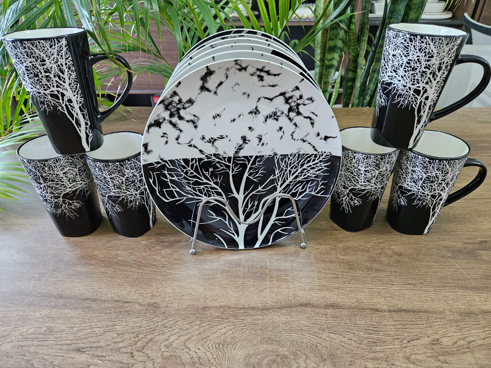 BACK iN STOCK💃💃Classy Ceramic Plates & Tree Design Mugs Set 12pcs – 6 Dinner Plates + 6 Coffee Tea Mugs Elegant Kitchen Tableware Set💦modern dining, durable glass material, stylish design for table