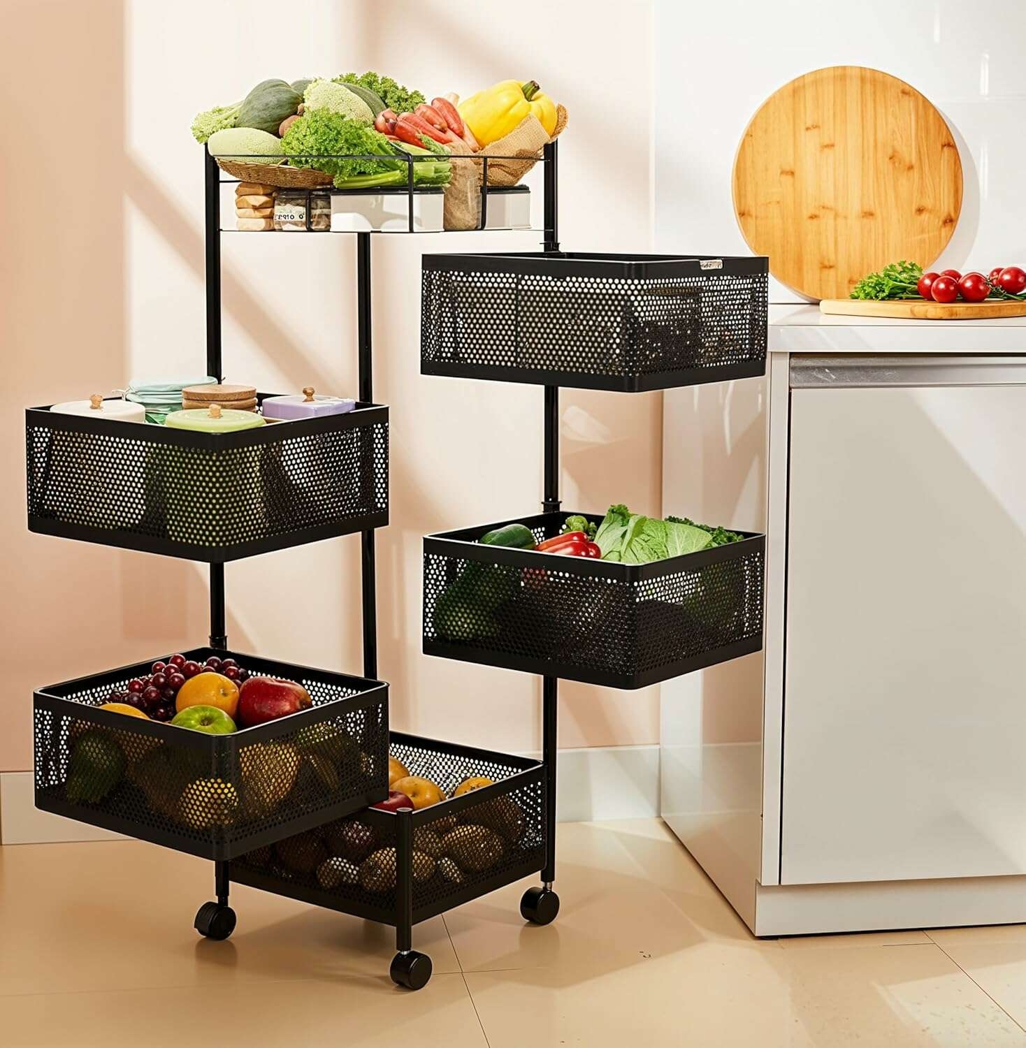High Quality Material:‼️‼️Square Fruit Basket Stand With 5 Tiers, Fruit And Vegetable Storage Trolley Metal Carbon Steel Fruit Vegetable Rack With Wheels,🍁Multi-Layer rotatable Fruit and Vegetable Ba