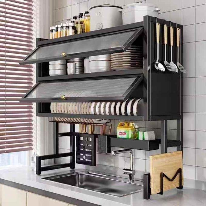 🩸🩸Promotes hygiene and organization‼️Double Over-the-Sink Dish Rack with 2 Glass Acrylic Covers is an essential kitchen accessory for modern homes💫💫thoughtfully organized three-tier structure allo