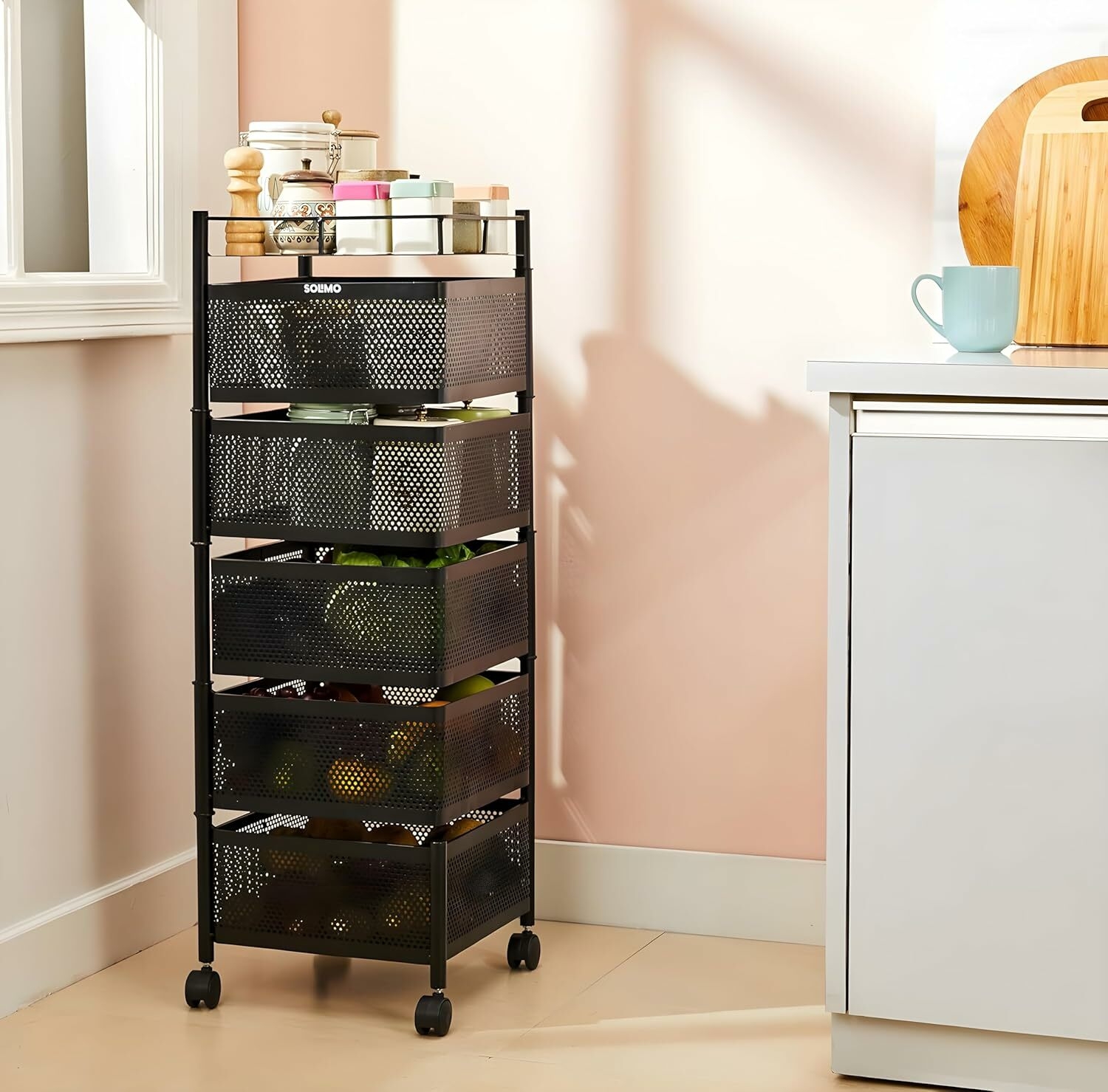 High Quality Material:‼️‼️Square Fruit Basket Stand With 5 Tiers, Fruit And Vegetable Storage Trolley Metal Carbon Steel Fruit Vegetable Rack With Wheels,🍁Multi-Layer rotatable Fruit and Vegetable Ba
