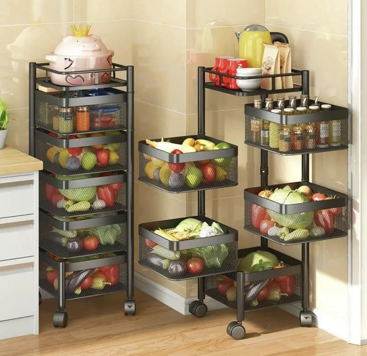 High Quality Material:‼️‼️Square Fruit Basket Stand With 5 Tiers, Fruit And Vegetable Storage Trolley Metal Carbon Steel Fruit Vegetable Rack With Wheels,🍁Multi-Layer rotatable Fruit and Vegetable Ba
