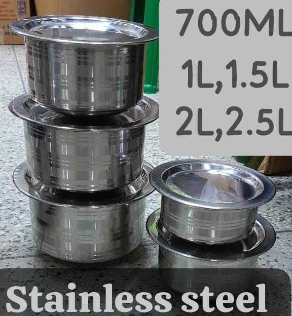 GRAB YOURS TODAY💫💫STAINLESS STEEL SUFURIYA

set of 5pcs with LID

sizes mentioned in Picture ✨Stainless aluminum offers Excellent cooking performance. 
Ideal for open charcoal jiko or firewood cooki