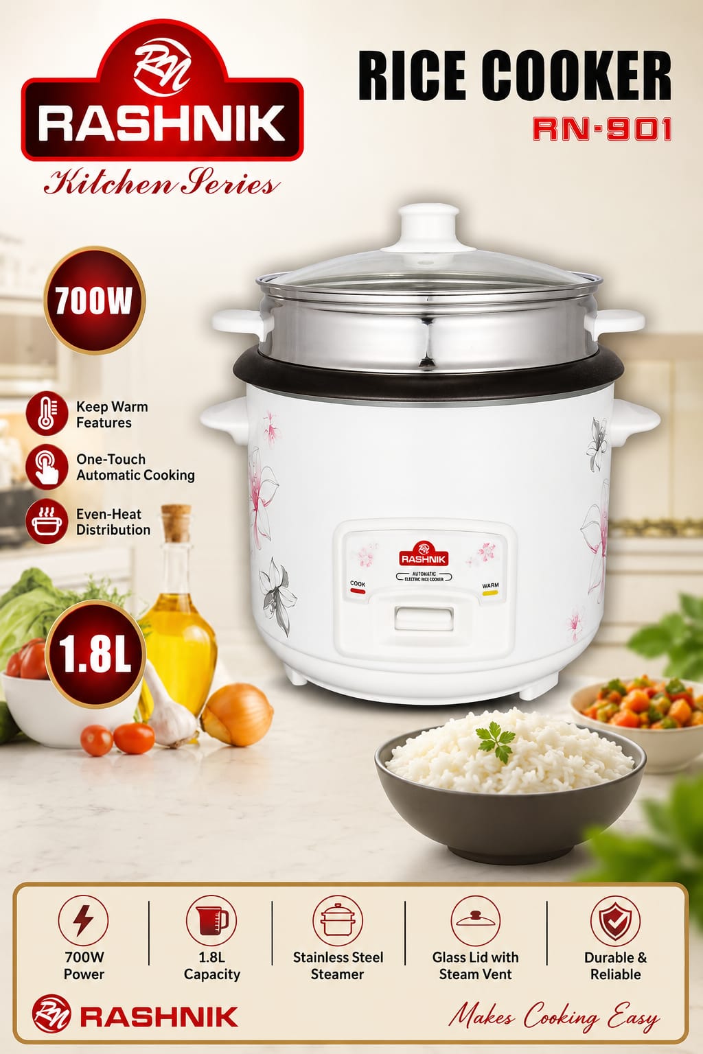 ✅NEW ARRIVAL

✅RASHNIK RICE COOKER

✅700W

✅1.8L✔️✔️designed to cook at a precise temperature and will automatically set to 'keep warm' once its cooked to perfection. So you won't have to worry about