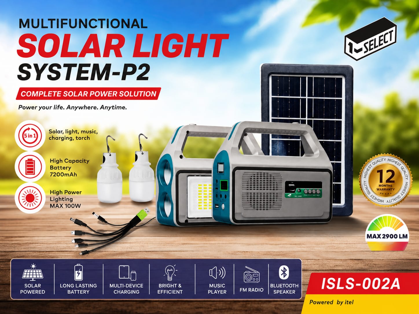 Itel Solar Lighting System ISLS-002B - 7200mAh Battery, 2x 3W LED Bulbs, FM Radio, Bluetooth, USB Charging✔️✔️features a high-capacity 7200mAh lithium-ion battery, ensuring up to 16 hours of bright il