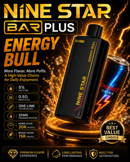 Nine Star Bar Plus Vape | Replaceable Pod System | Up to 20,000 Puffs/Mesh Coil Technology | USB Type-C Rechargeable | Long-Lasting Performance