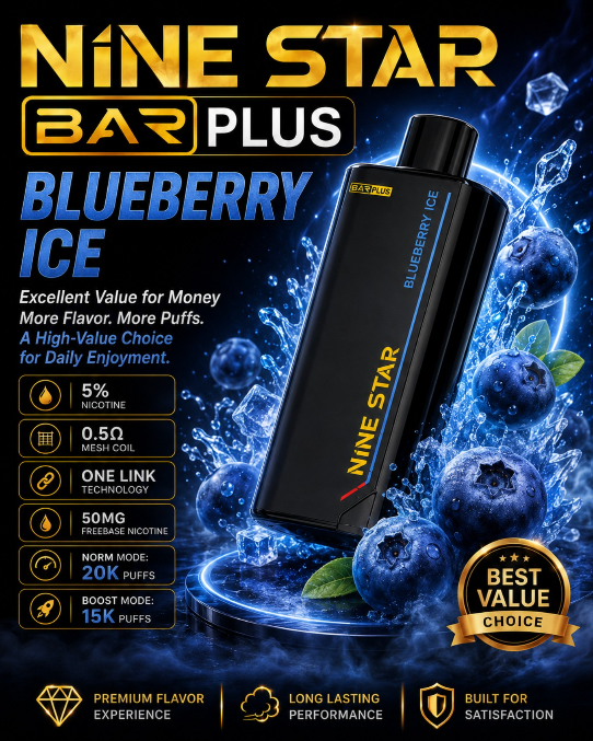 Nine Star Bar Plus Vape | Replaceable Pod System | Up to 20,000 Puffs/Mesh Coil Technology | USB Type-C Rechargeable | Long-Lasting Performance