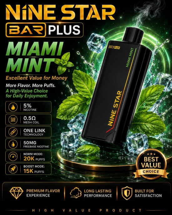 Nine Star Bar Plus Vape | Replaceable Pod System | Up to 20,000 Puffs/Mesh Coil Technology | USB Type-C Rechargeable | Long-Lasting Performance