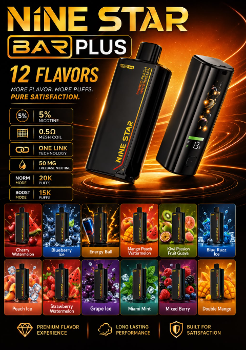 Nine Star Bar Plus Vape | Replaceable Pod System | Up to 20,000 Puffs/Mesh Coil Technology | USB Type-C Rechargeable | Long-Lasting Performance