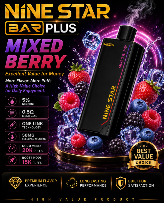 Nine Star Bar Plus Vape | Replaceable Pod System | Up to 20,000 Puffs/Mesh Coil Technology | USB Type-C Rechargeable | Long-Lasting Performance