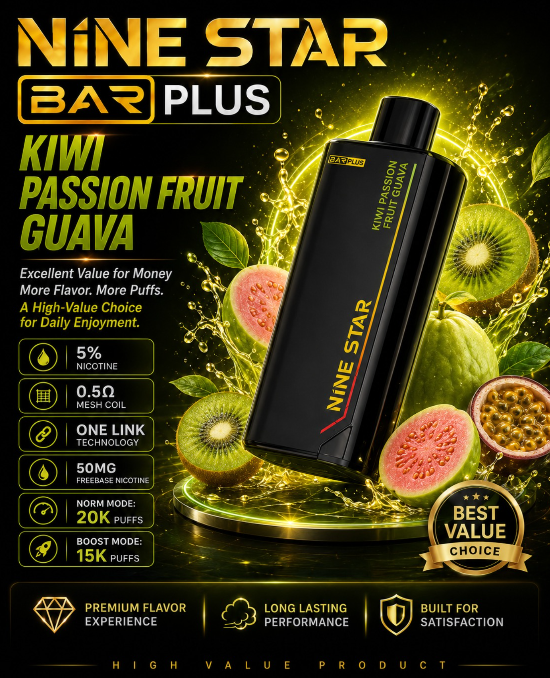 Nine Star Bar Plus Vape | Replaceable Pod System | Up to 20,000 Puffs/Mesh Coil Technology | USB Type-C Rechargeable | Long-Lasting Performance