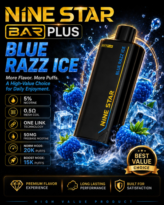 Nine Star Bar Plus Vape | Replaceable Pod System | Up to 20,000 Puffs/Mesh Coil Technology | USB Type-C Rechargeable | Long-Lasting Performance