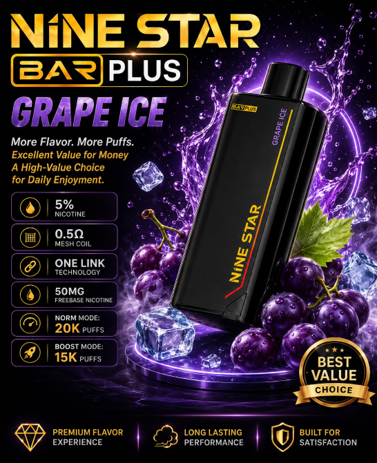Nine Star Bar Plus Vape | Replaceable Pod System | Up to 20,000 Puffs/Mesh Coil Technology | USB Type-C Rechargeable | Long-Lasting Performance
