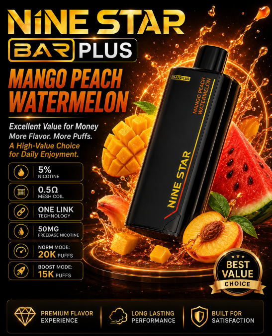 Nine Star Bar Plus Vape | Replaceable Pod System | Up to 20,000 Puffs/Mesh Coil Technology | USB Type-C Rechargeable | Long-Lasting Performance