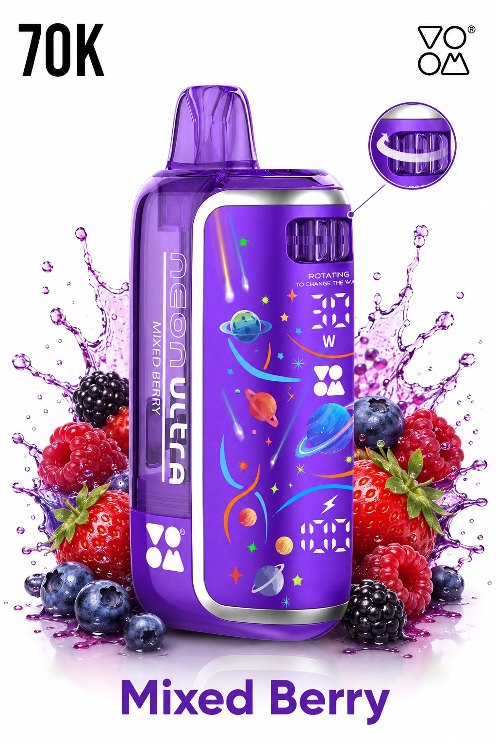 VOOM 70K Puffs Neon Ultra  Rechargeable Disposable Pod – Adjustable Wattage, Rotating Airflow, Digital Display, Type-C Charging- – 10W-30W Power Gear Switch