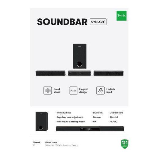 Synix Sound Bar Multimedia Woofer Speaker System SYN-S60 BLACK