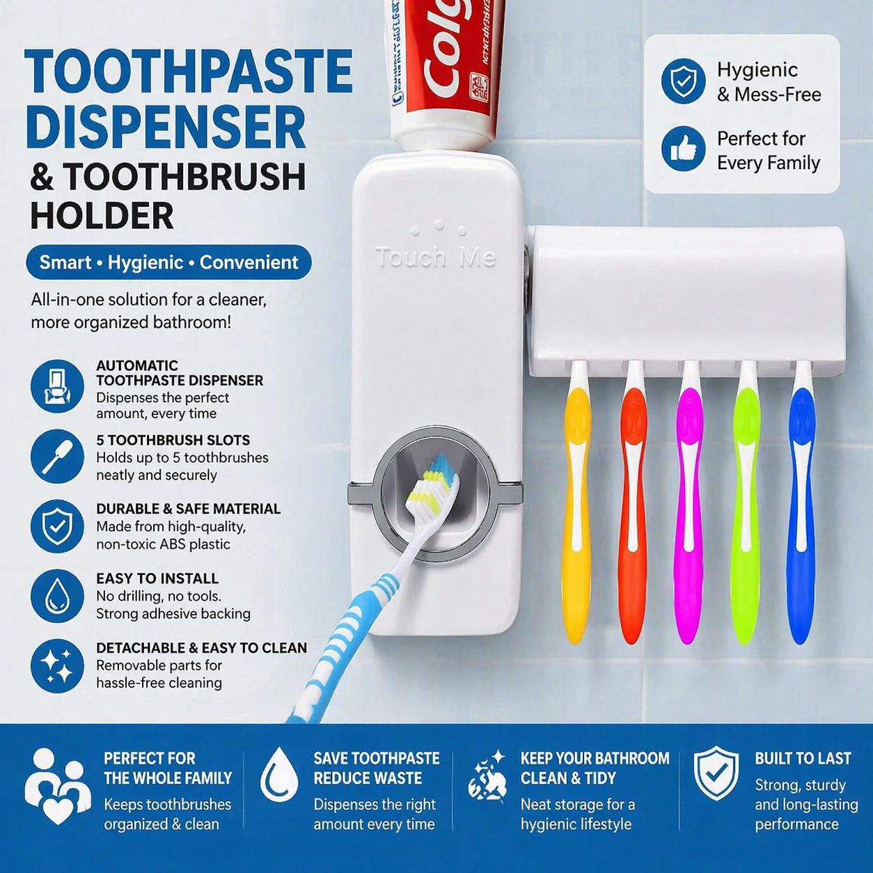 Toothpaste Dispenser & Toothbrush Holder with 5 Slots – Automatic Toothpaste Dispensing, Wall-Mounted, Space-Saving, Easy Installation, Ideal for Home and Bathroom Organization