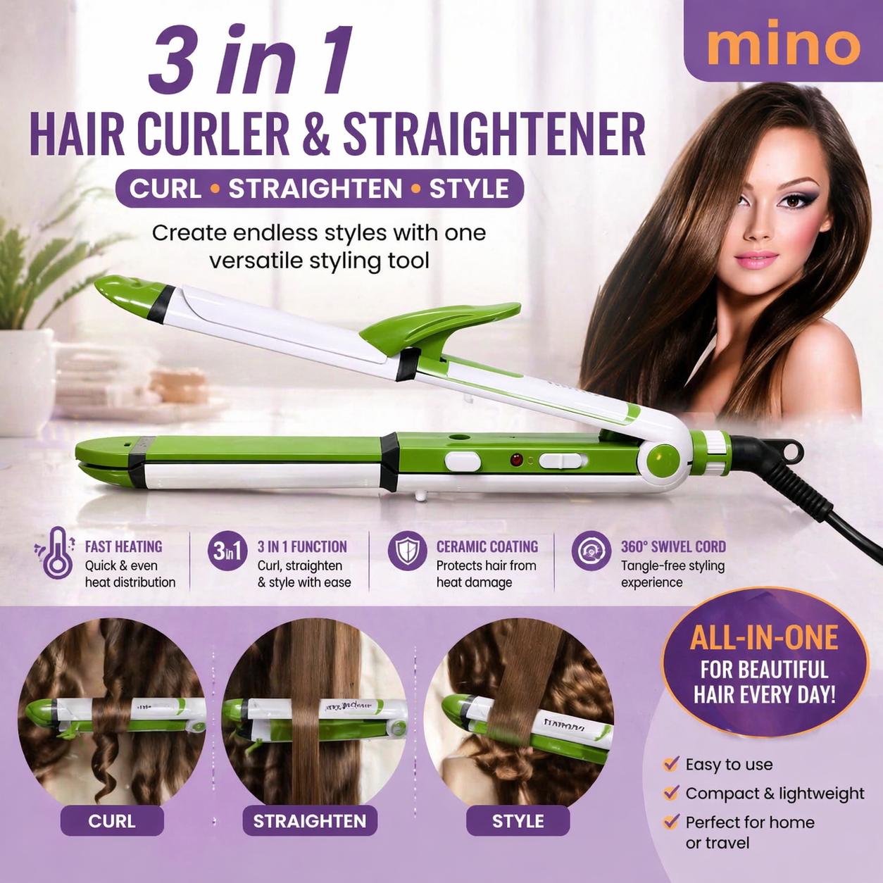 3-in-1 Hair Straightener, Curler & Styler - Ceramic Plates for Smooth, Shiny Hair, Quick Heat-Up, Adjustable Temperature for All Hair Types