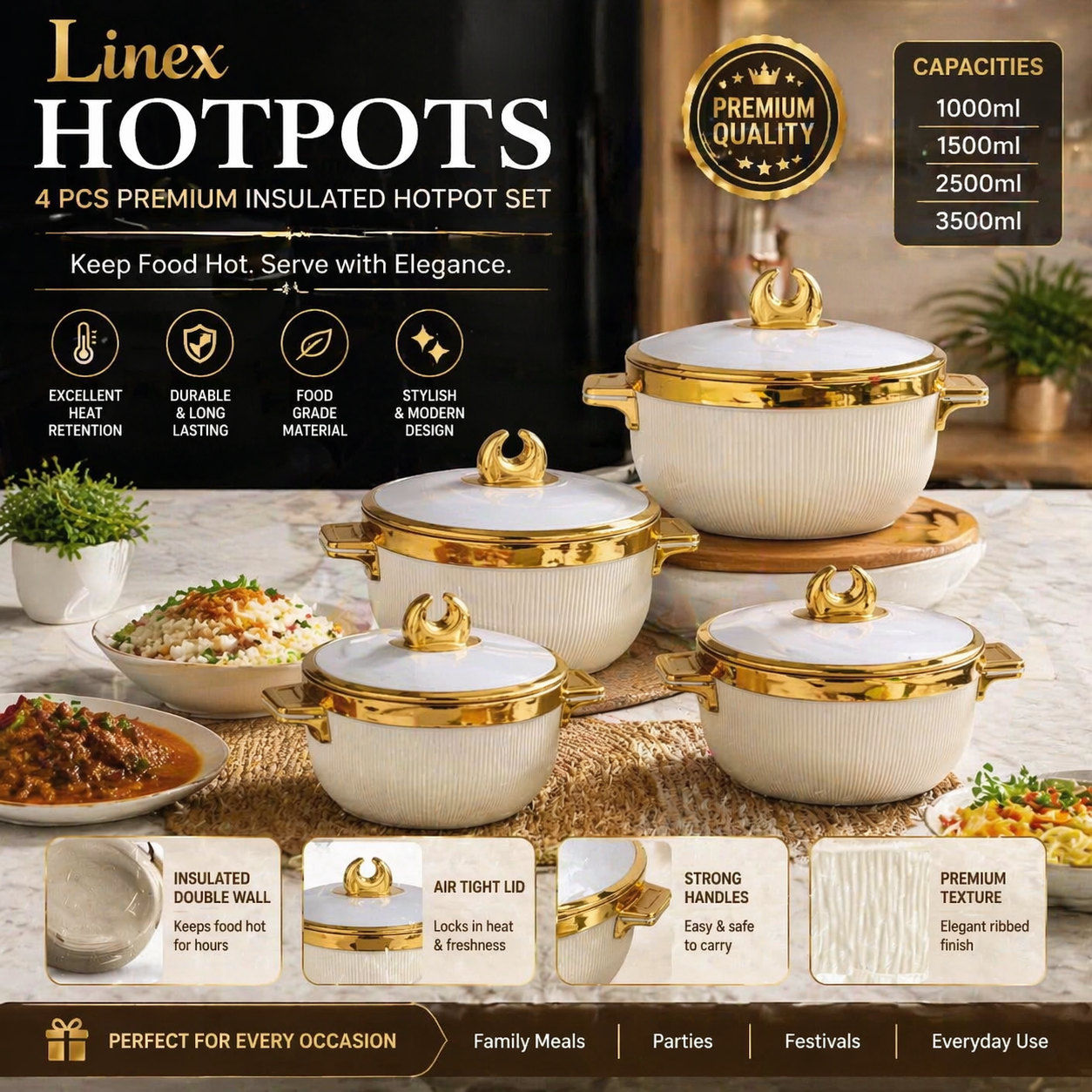 Set of 4 Linex Hotpots with Gold Trim - Includes 1000ml, 1500ml, 2500ml, 3500ml Sizes - Premium Ceramic for Serving Hot Meals - Elegant & Durable Design for Family Gatherings & Parties