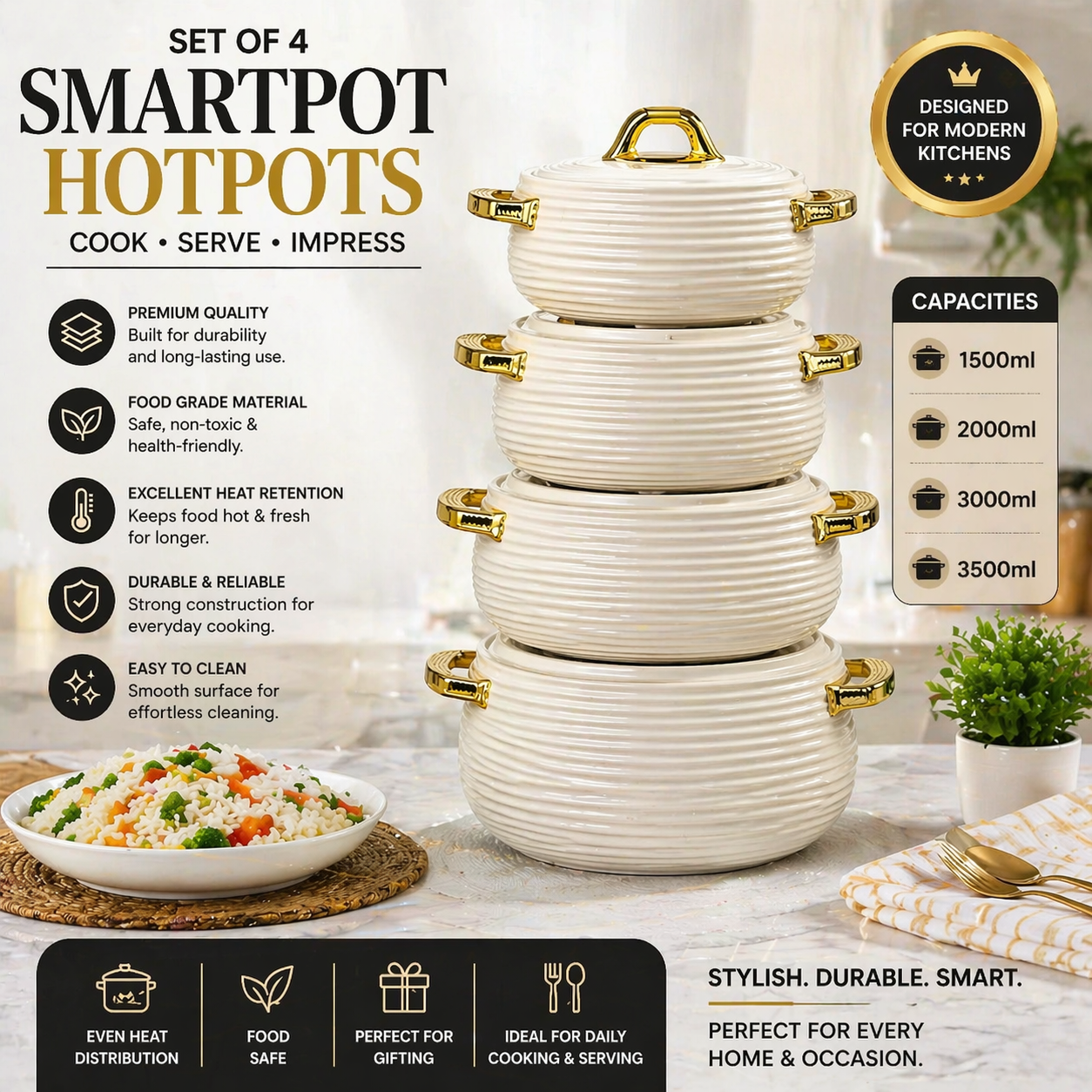 Set of 4 SmartPot Hotpots – Premium Insulated Design – Includes 1500ml, 2000ml, 3000ml, and 3500ml Sizes – Stylish, Durable, and Perfect for Everyday Use