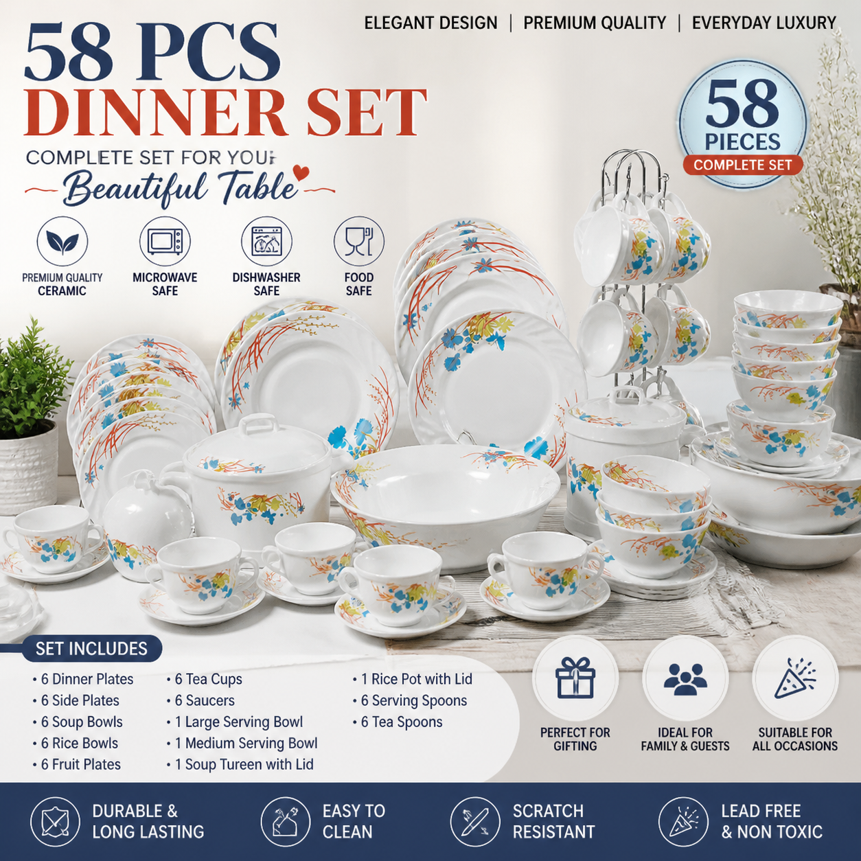 58-Piece Elegant Dinner Set | White Porcelain with Floral Design | Plates, Bowls, Mugs & Cups | Ideal for Home, Weddings, and Formal Occasions
