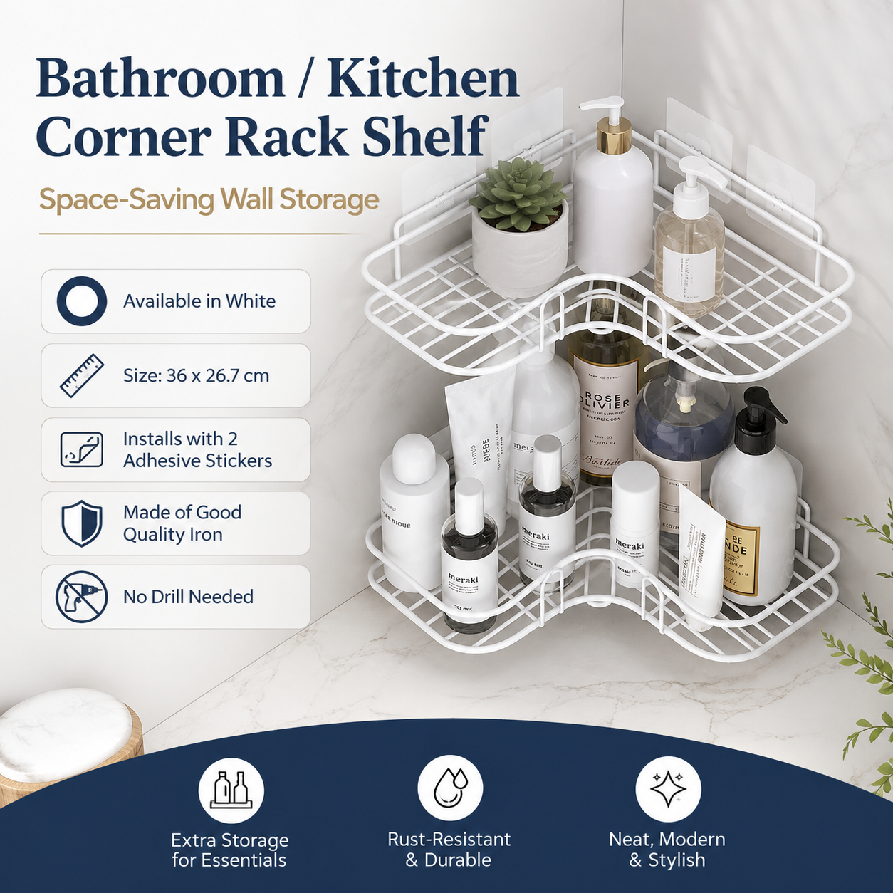 Wall Mounted Bathroom Kitchen Corner Rack Shelf White Iron Adhesive Storage Organizer 36x26cm No Drill Space Saving Holder for Toiletries, Spices, Bottles, Soap, Shampoo, Cosmetics and Household Items
