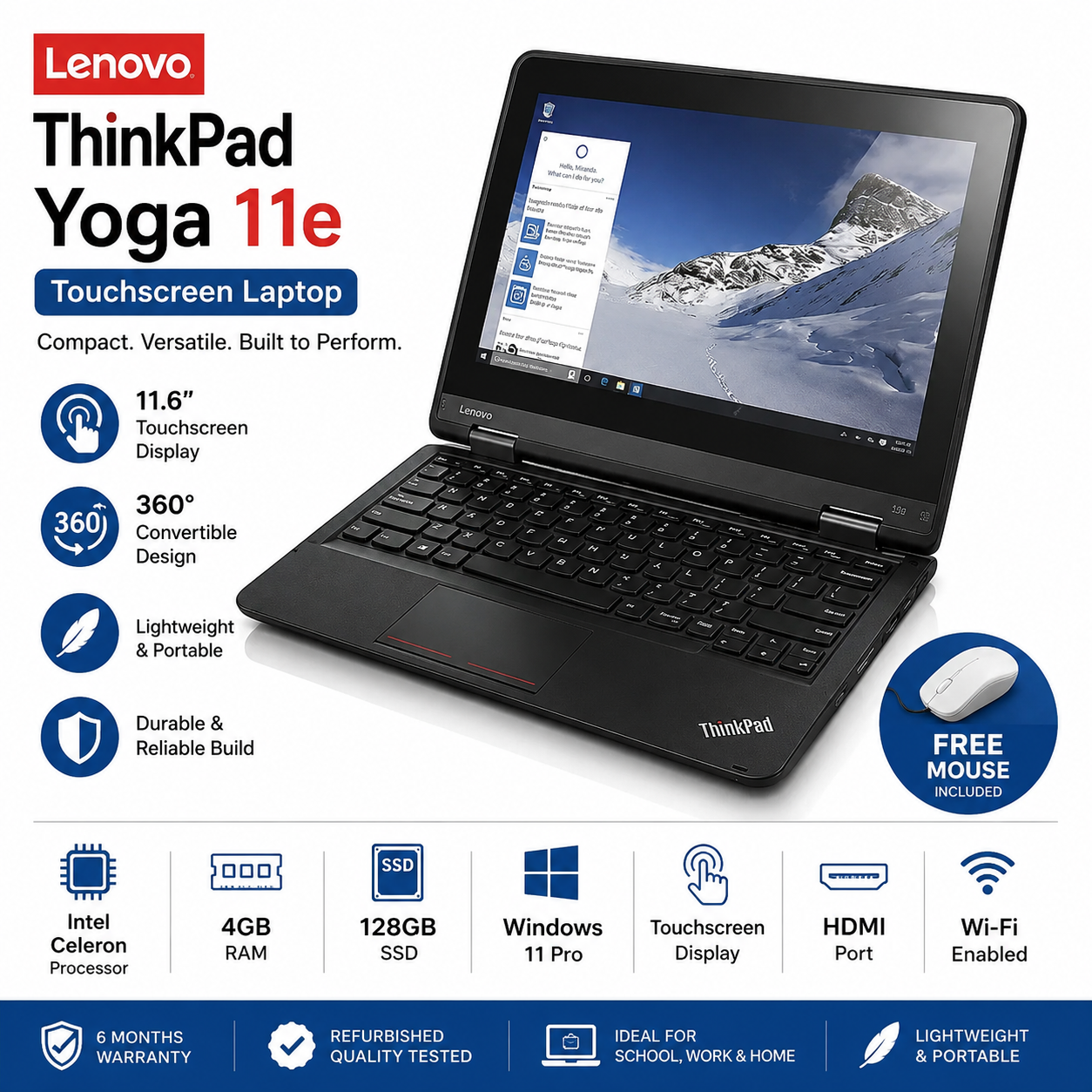 Lenovo ThinkPad Yoga 11e Touchscreen Refurbished Laptop 11.6 Inch 4GB RAM 128GB SSD Windows 11 Pro 360 Convertible Notebook with Free Mouse, Charger, 6 Month Warranty for School Office Home Daily Uses