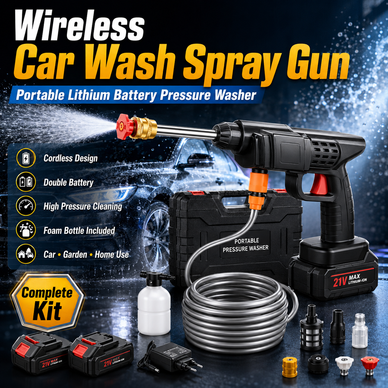 Wireless Car Wash Spray Gun Machine Portable Lithium Battery Cordless High Pressure Washer for Car, Motorcycle, Garden, Home Outdoor Cleaning with Foam Bottle, Hose, Charger and Nozzle Complete Kit XL