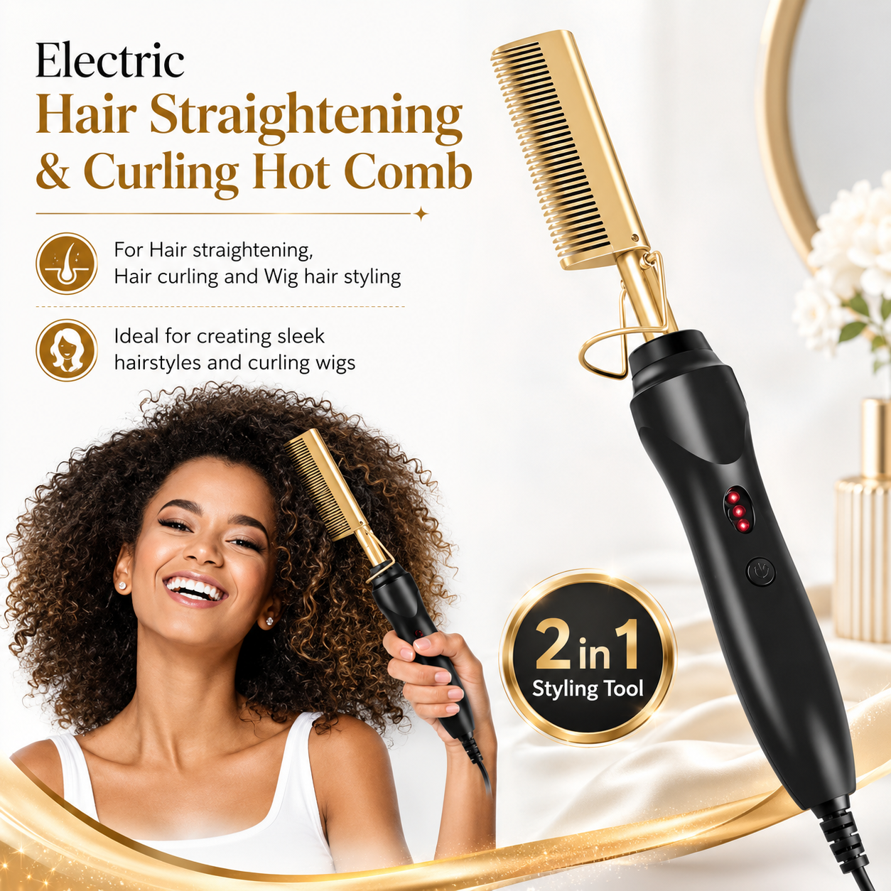 Electric Hair Straightening and Curling Hot Comb, Heated Styling Comb for Natural Hair, Wigs and Edges, Fast Heating Hair Straightener and Curler for Home and Salon Use