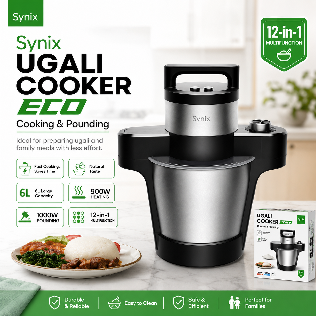 The Synix Ugali Cooker ECO is a multifunctional kitchen appliance designed for cooking and pounding food with less effort. It is ideal for preparing ugali and other meals at home while saving time and