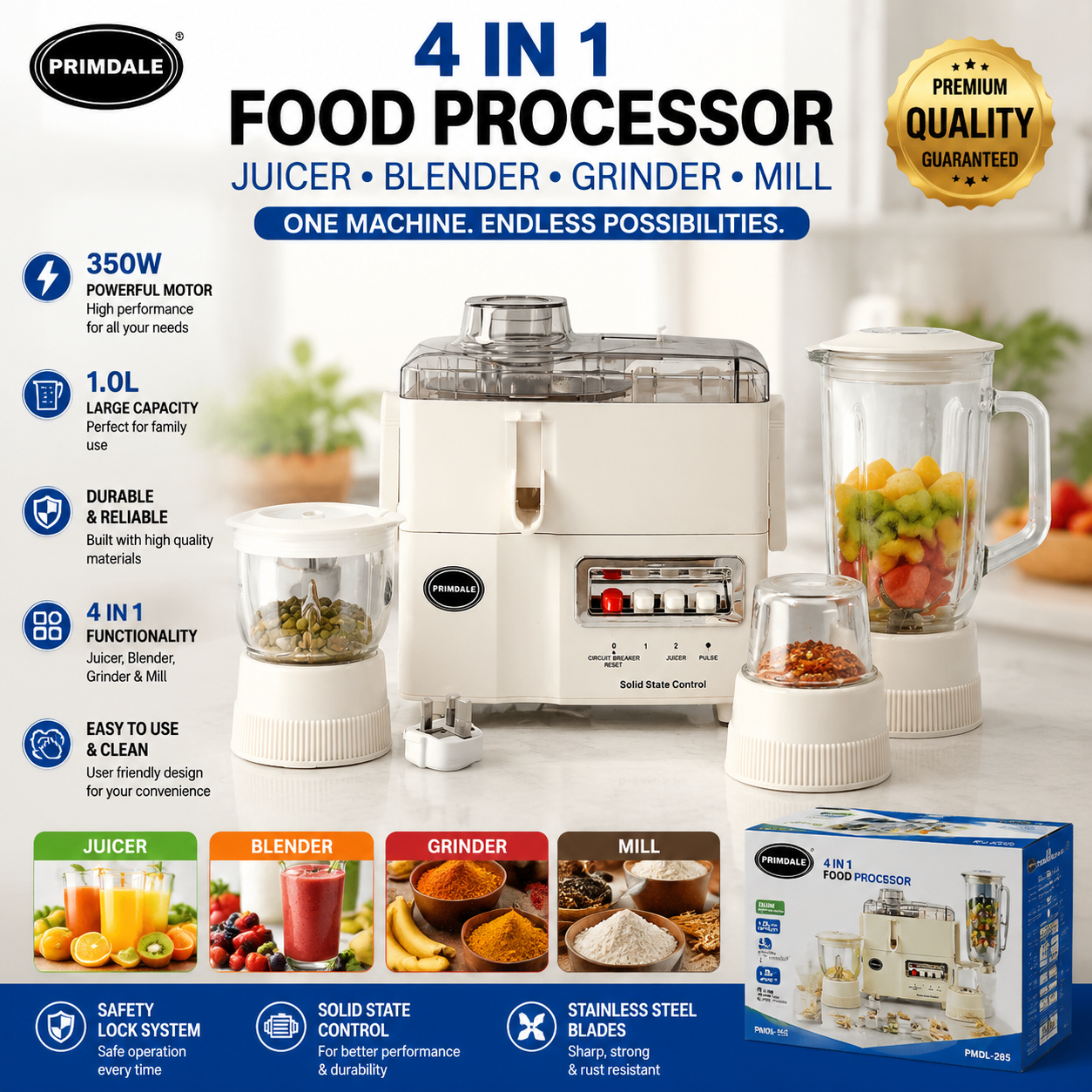 Primdale 4-in-1 Juicer Blender Grinder & Mill Food Processor – Multi-Functional Kitchen Appliance, 1.5L Capacity, Powerful Motor, Easy Clean
