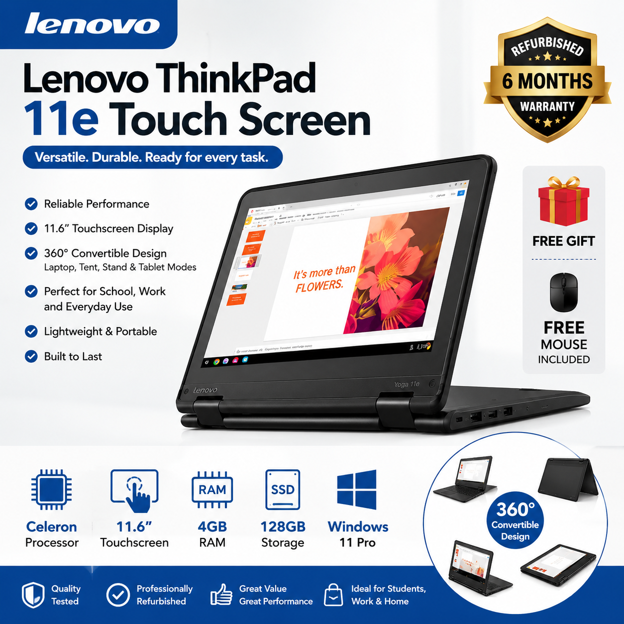 Lenovo ThinkPad Yoga 11e Touchscreen Refurbished Laptop 11.6 Inch 4GB RAM 128GB SSD Windows 11 Pro 360 Convertible Notebook with Free Mouse, Charger, 6 Month Warranty for School Office Home Daily Uses