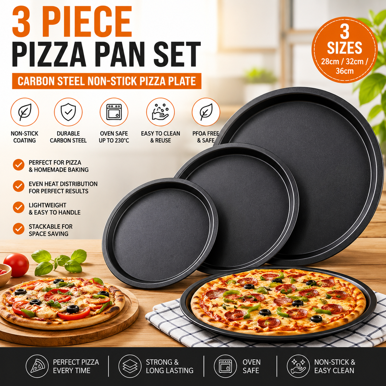 3 Piece Carbon Steel Non-Stick Pizza Pan Set | Round Baking Trays | 3 Sizes 28cm 32cm 36cm | Oven Safe 230°C | PFOA Free | Stackable Bakeware for Pizza Cake Pastry